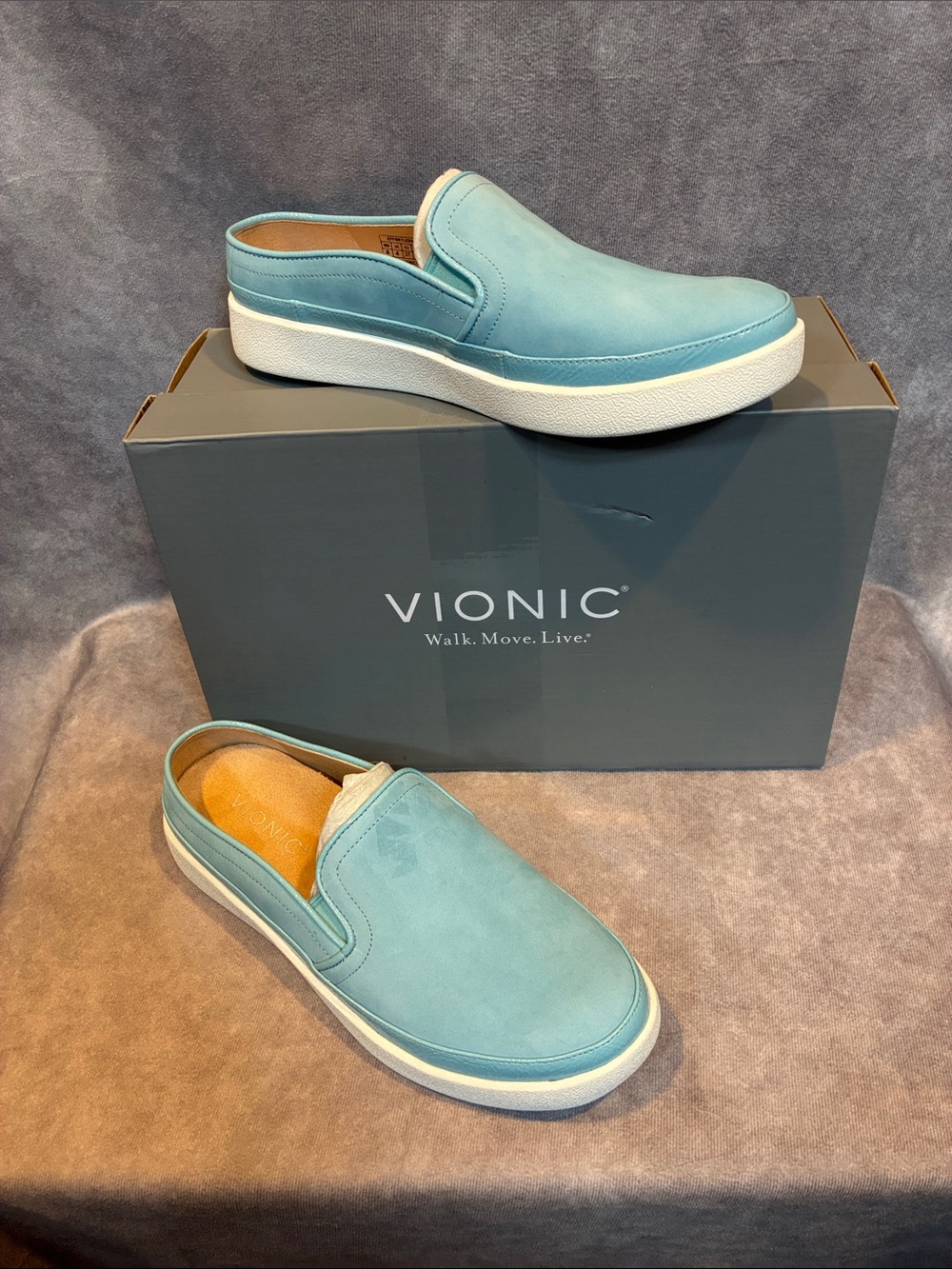 Vionic Women’s Slip-On Mules in Light Blue Nubuck Leather